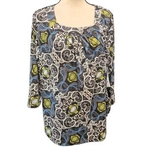 Kim Rogers Woman 1X Paisley Print 3/4 Sleeve Square Neck Top Blouse‎